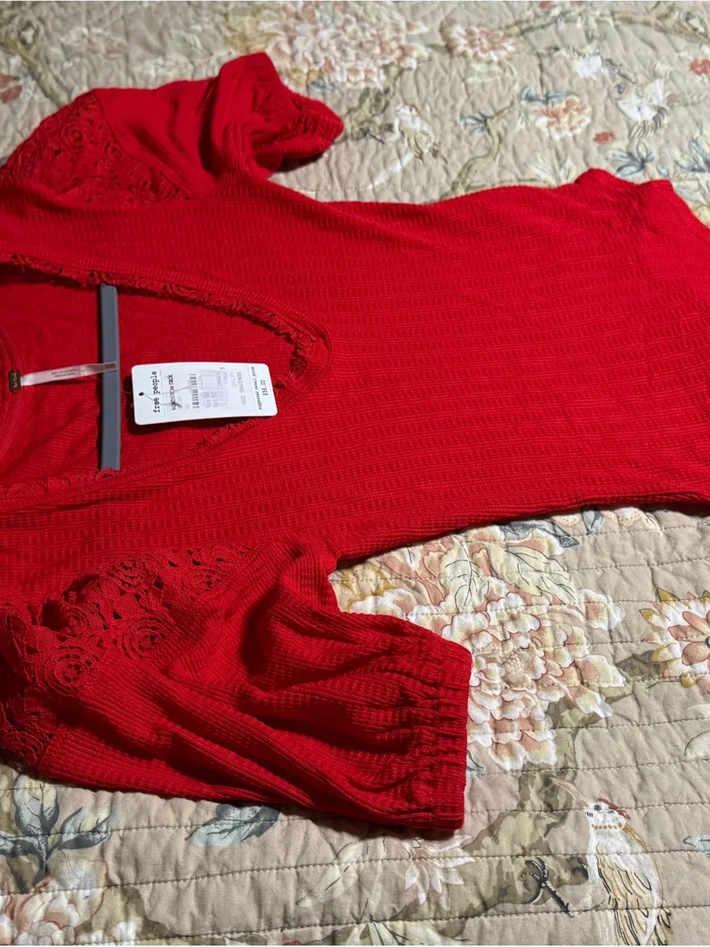Free People Red Ribbed Lace-Sleeve Short Sleeve Tee